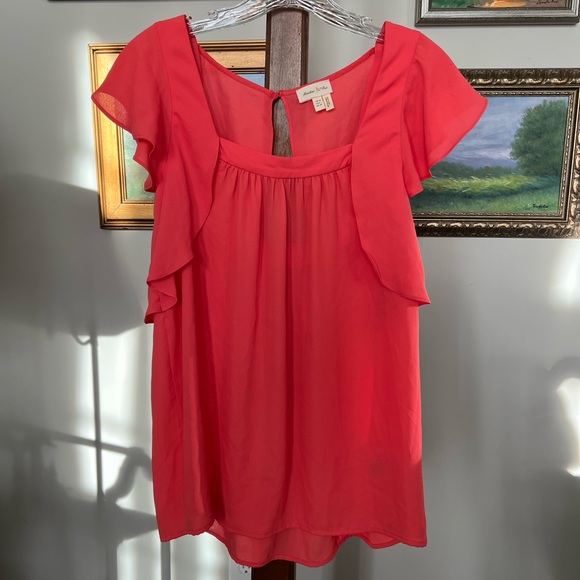 Anthropologie Meadow Rue Coral Flutter Sleeve Top - Picture 3 of 8